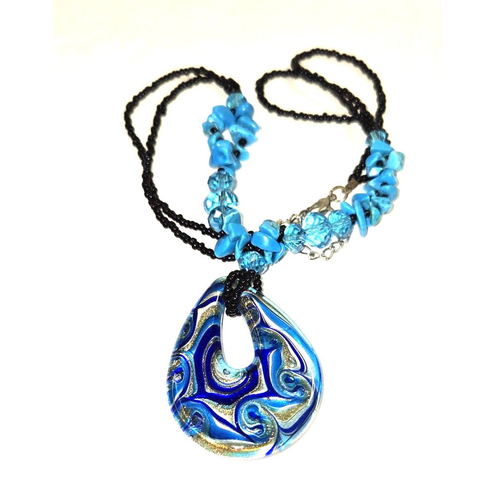 Open Teardrop Art Glass Pendant Blues Turquoise Black Beaded Neckace